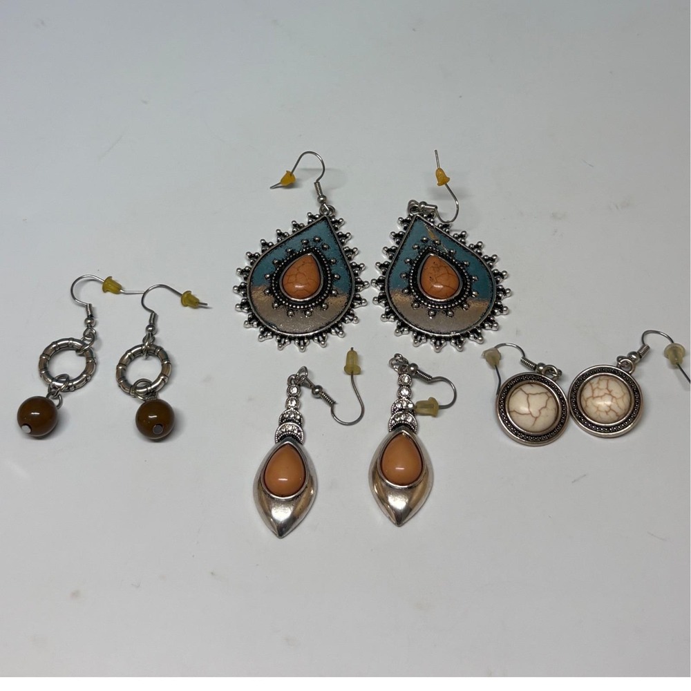 Lot of 4 Pairs Bohemian Silver Tone Dangle Earrings Faux Stone Turquoise Brown